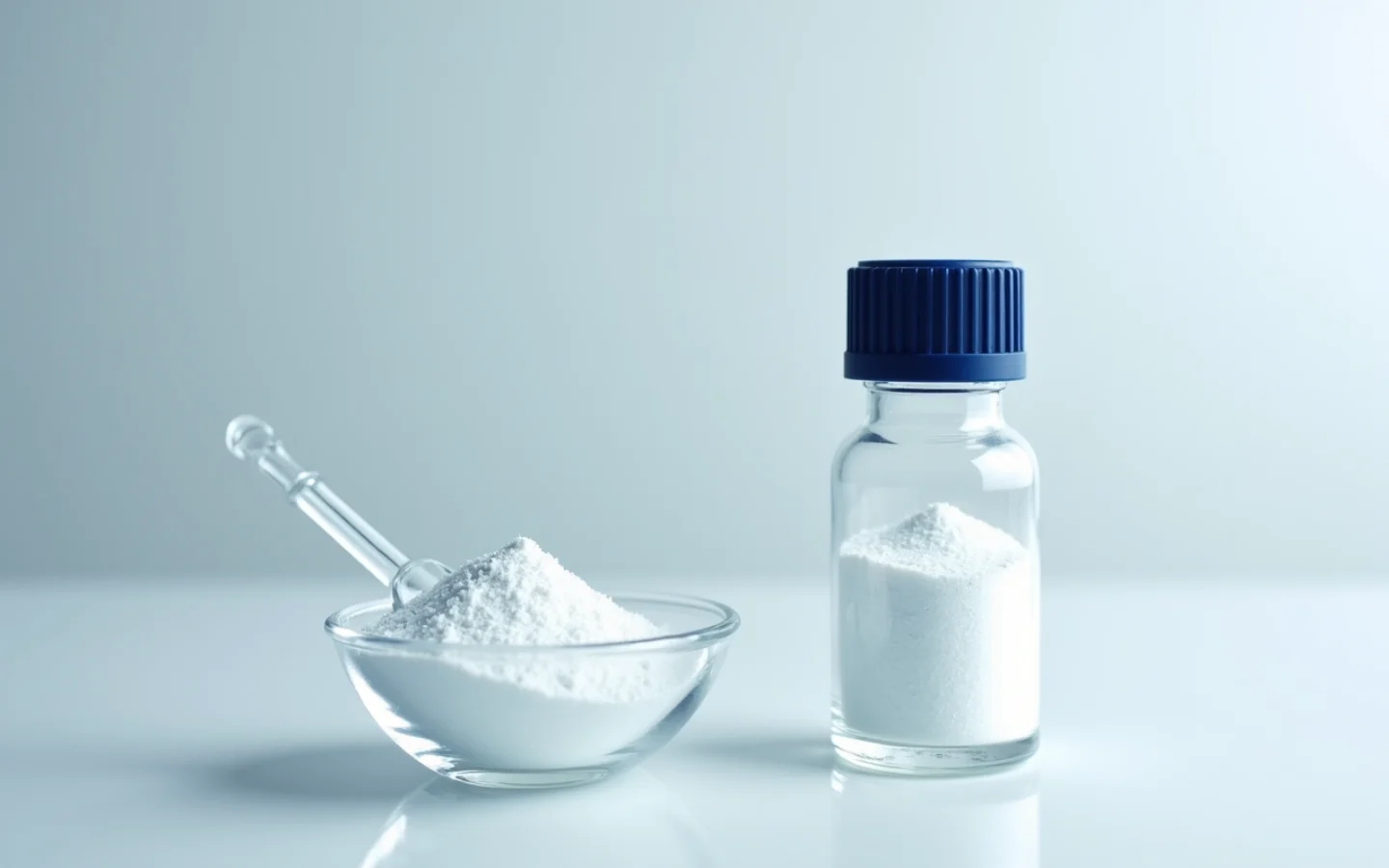 A glass vial of white crystalline powder beside a clear weighing boat