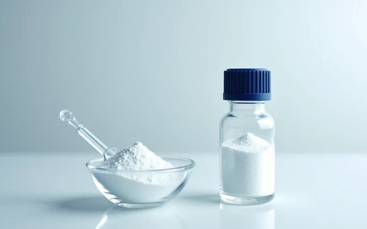 A glass vial of white crystalline powder beside a clear weighing boat