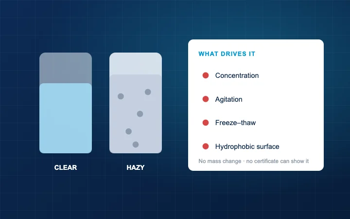 A clear peptide solution beside a hazy one, with the drivers of aggregation listed