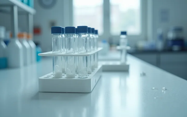 A row of small clear capped tubes in a rack beside a sealed vial on a cold pale laboratory surface
