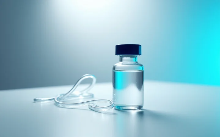 A glass vial with a navy cap beside a loose coil of clear tubing