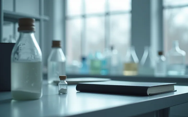 A glass vial of white powder standing on a steel bench beside a closed laboratory notebook