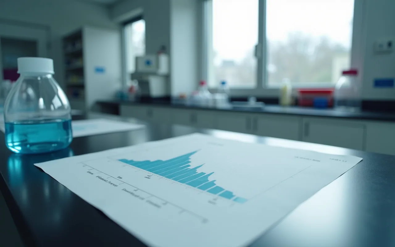 A printed chromatogram trace with one tall peak lying flat on a laboratory bench