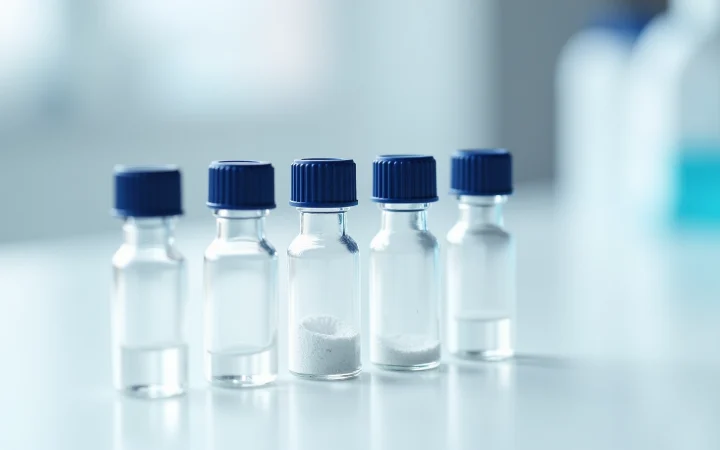 A row of small glass vials with navy caps on a white bench