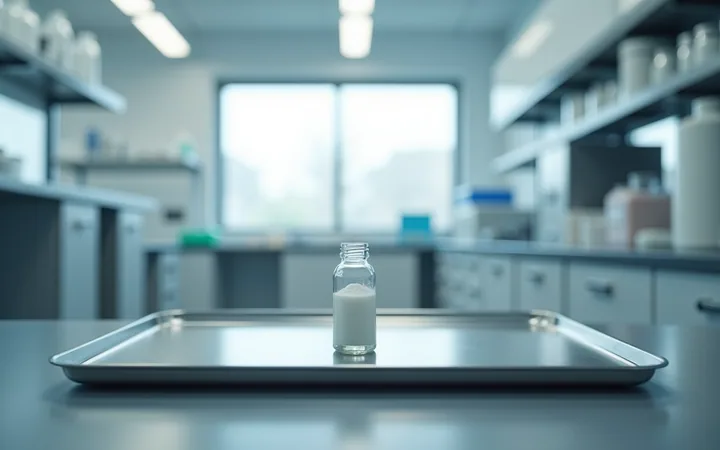 A single lyophilized peptide vial on a matte laboratory surface under even light