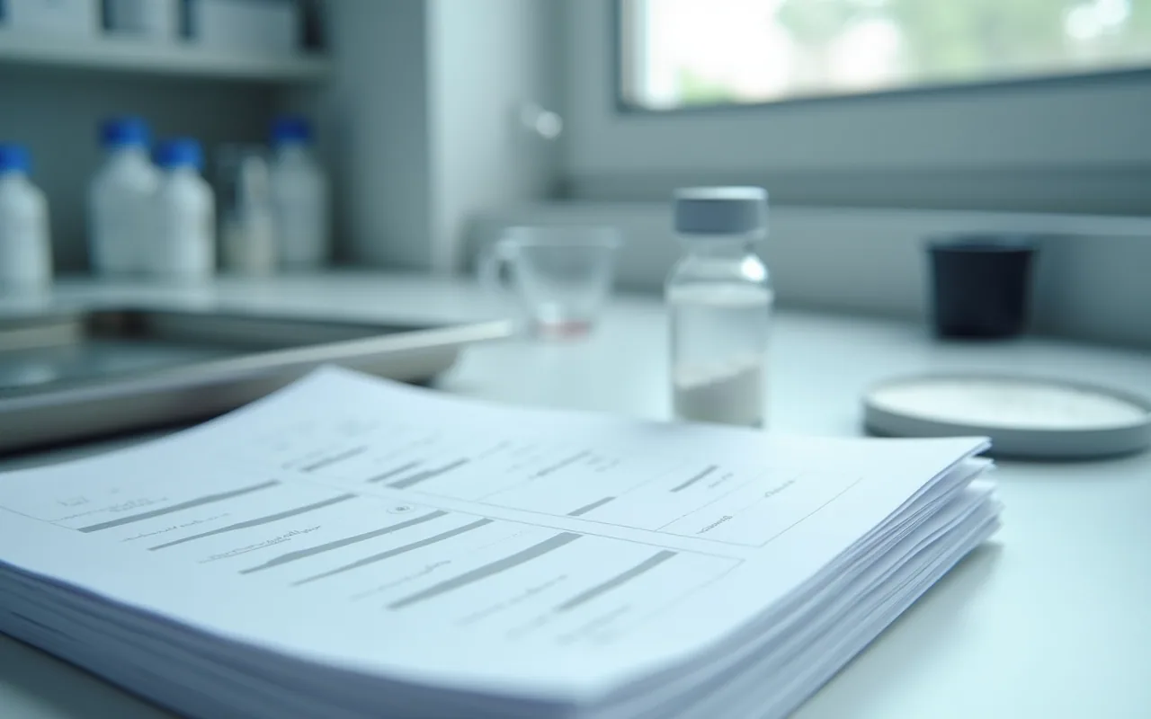 A fan of printed laboratory report pages beside a single vial of white lyophilized powder on a bench