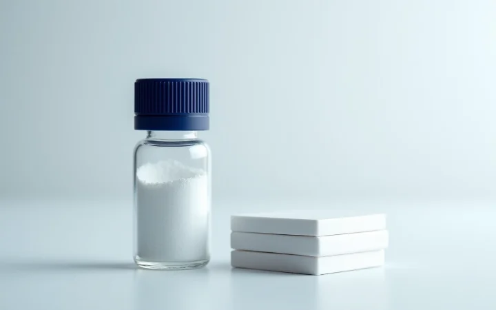 A glass vial of white powder with a thin glass rod beside it