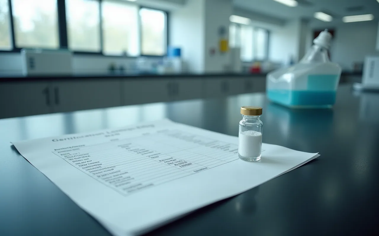 A printed certificate with an unreadable table lying beside a small glass vial on a dark bench