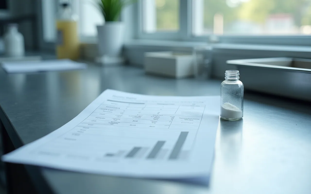 A printed laboratory certificate lying face up on a grey bench beside a sealed vial of white powder