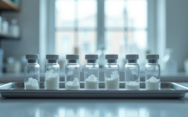 A row of five sealed vials of white powder receding into shallow focus on a grey laboratory bench