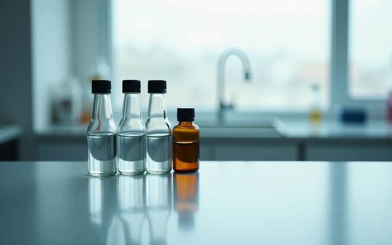 A structural diagram on laboratory paper beside a small sealed vial