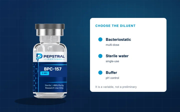 Three diluent options beside a vial, with the decision that separates them