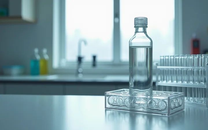 A clear solvent bottle and a multiwell culture plate on a pale laboratory bench under soft light