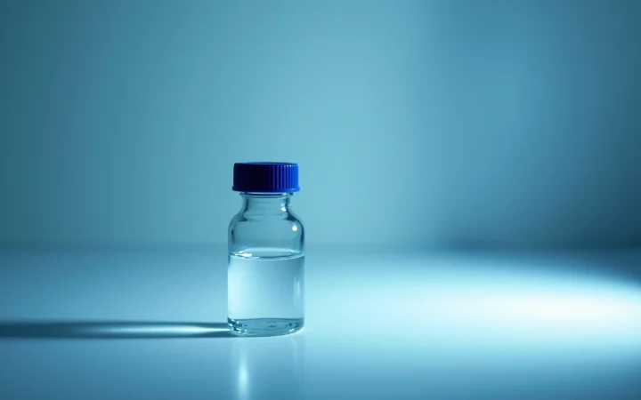 A glass vial with a navy cap under soft dim blue light