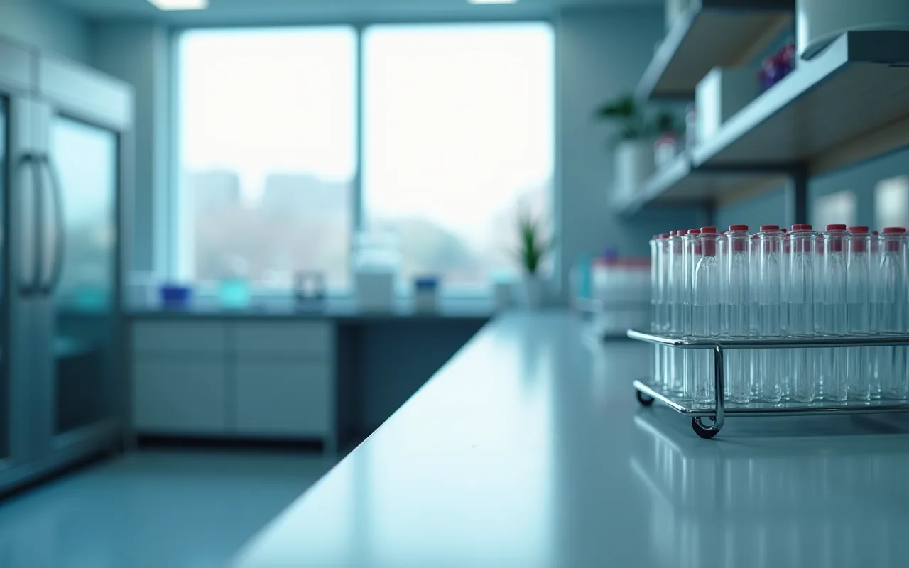 A rack of small clear test tubes on a laboratory bench, one tube held still against soft light