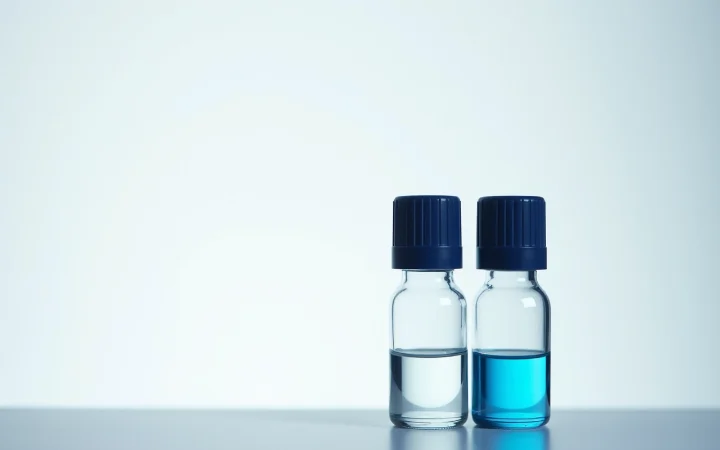 Two glass vials of different heights standing together on a white bench