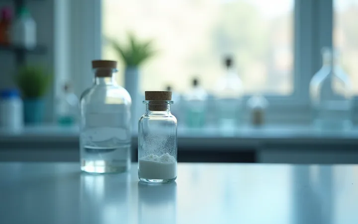 A small glass vial of white powder on a laboratory bench with soft light from a window behind it