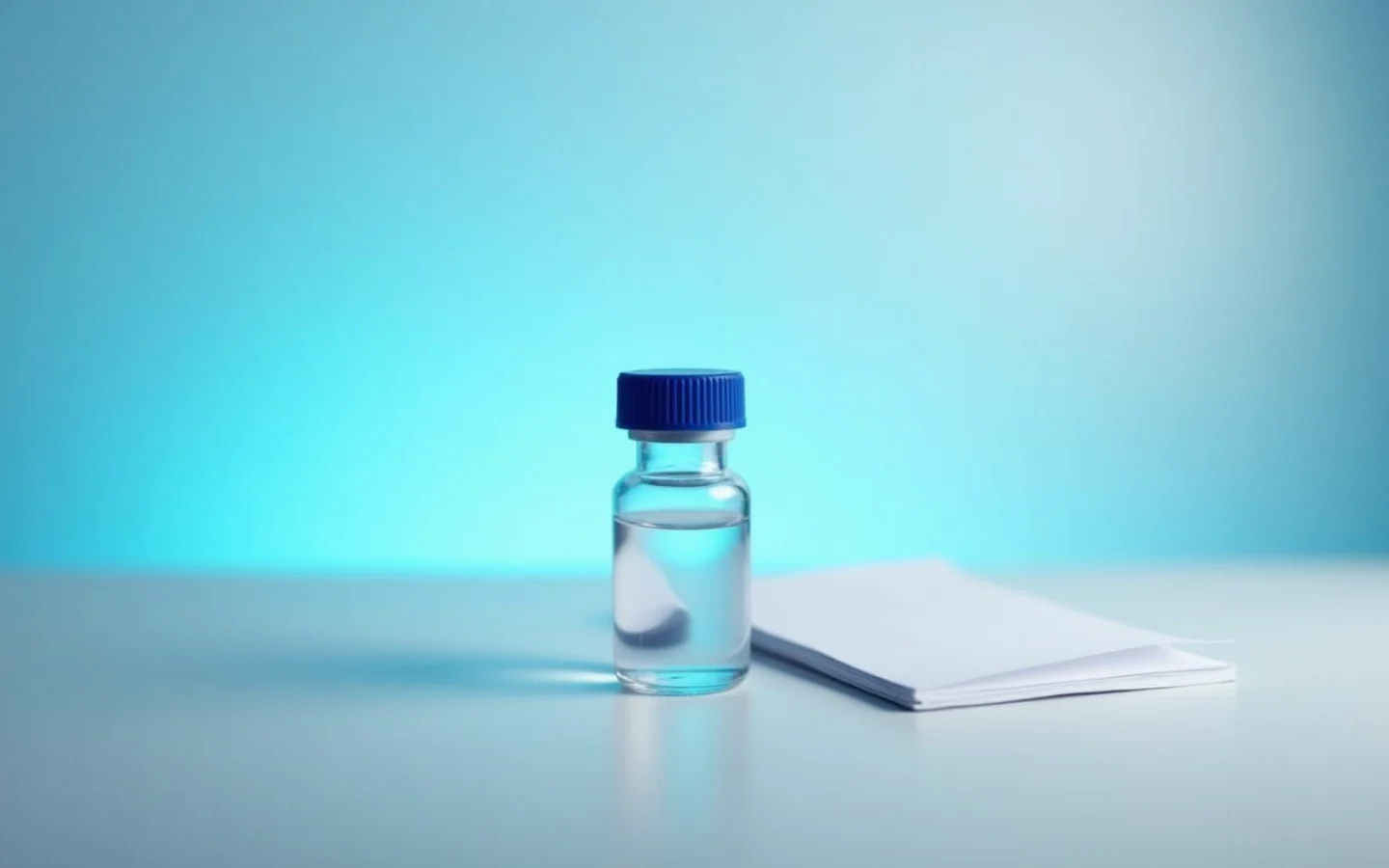 A single small glass vial with a navy cap on a white bench beside a folded blank sheet