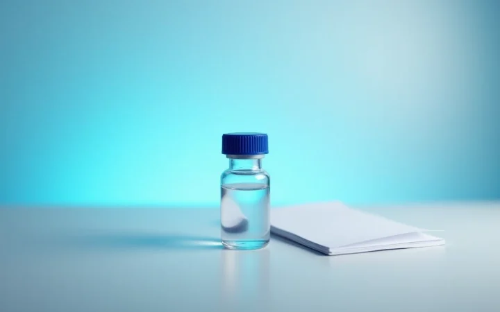 A single small glass vial with a navy cap on a white bench beside a folded blank sheet