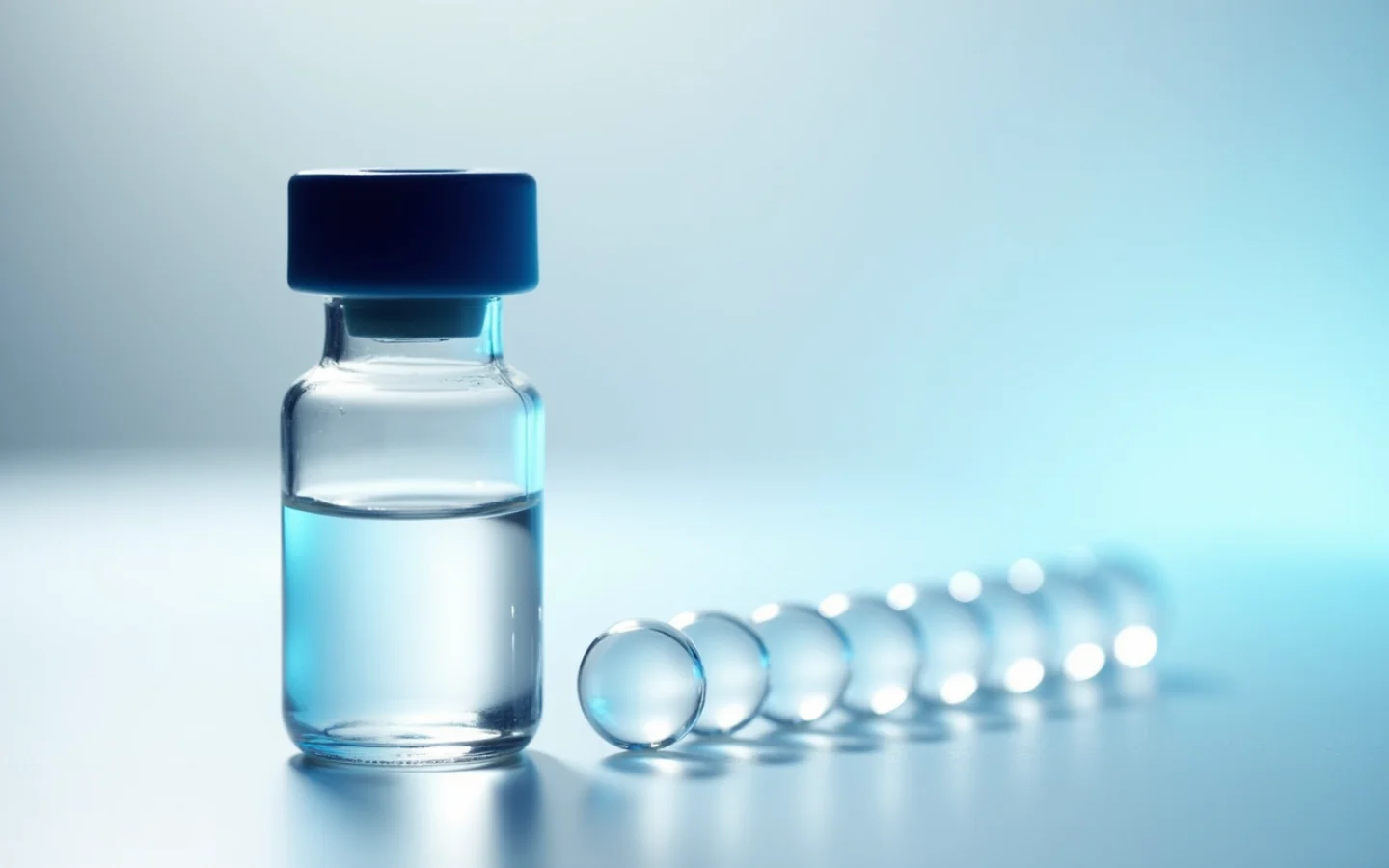 A glass vial beside ten small glass beads in a straight line