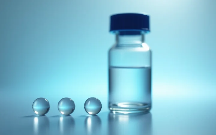 Three glass beads in a row in front of a glass vial with a navy cap