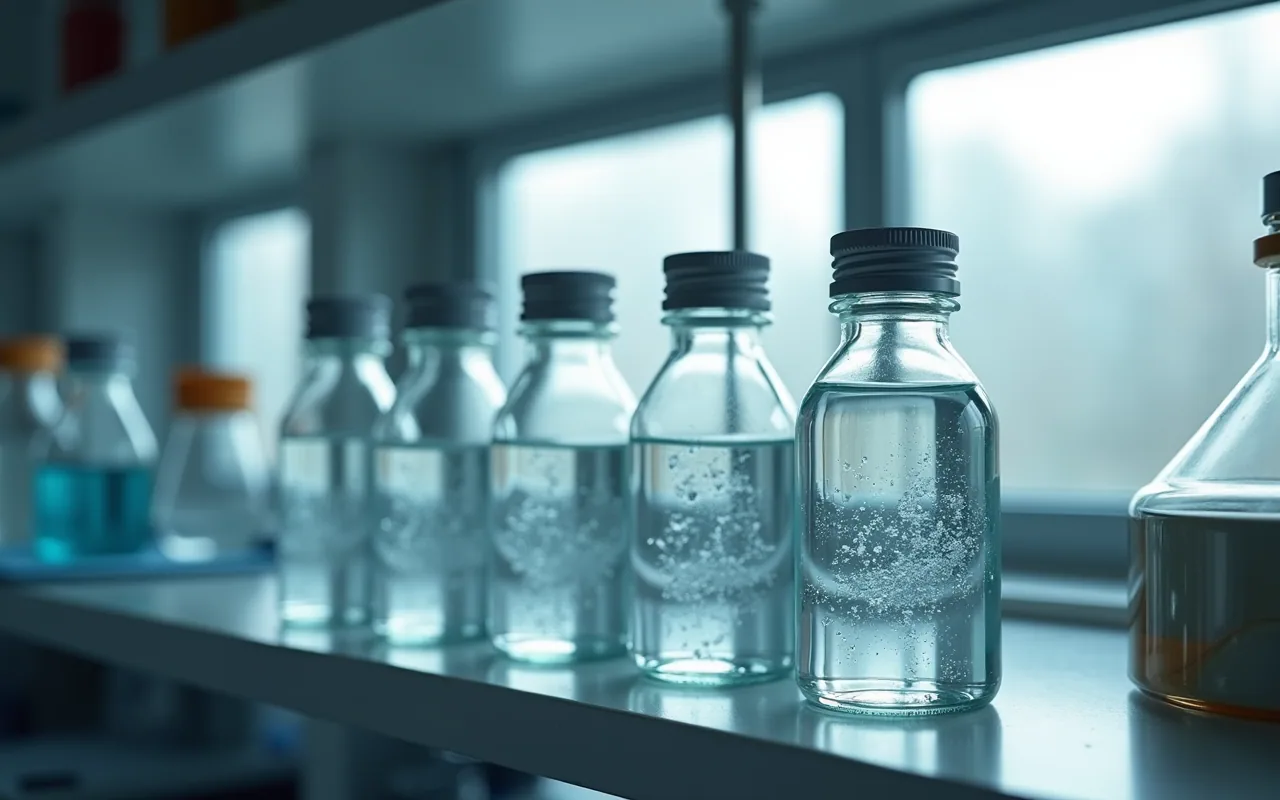 A row of clear glass bottles of water on a laboratory shelf, lit from behind, no labels readable