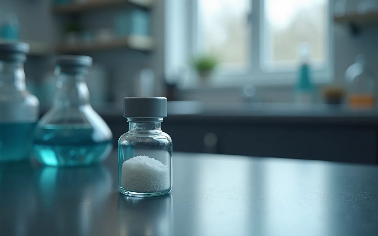 A sealed glass vial of white freeze-dried powder standing on a steel laboratory bench