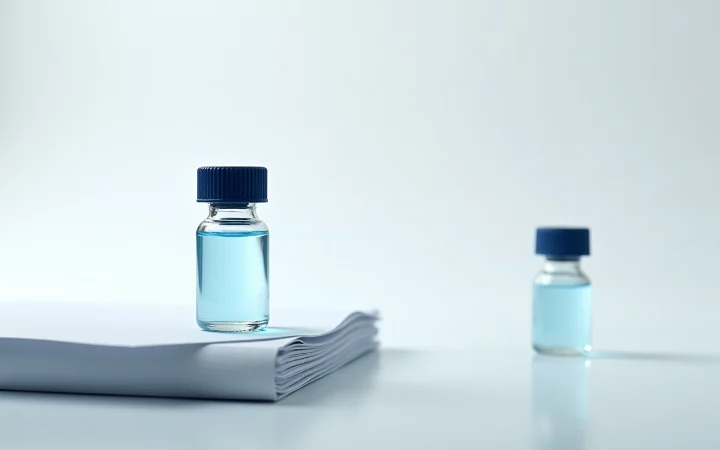 Two identical glass vials, one standing on a plain folded sheet of blank paper