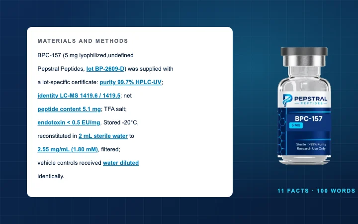 A methods paragraph with each reported field highlighted, beside a certificate and a labelled vial