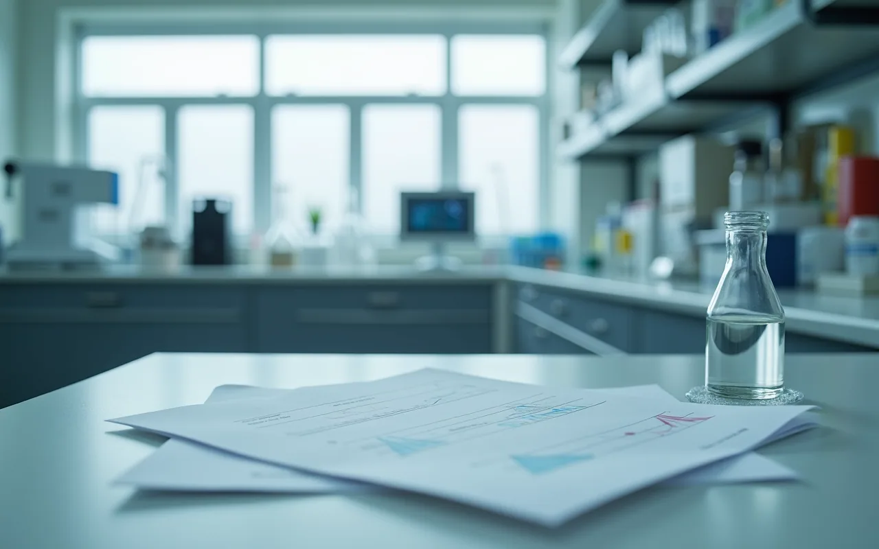 A printed laboratory report lying beside a small glass vial under soft window light