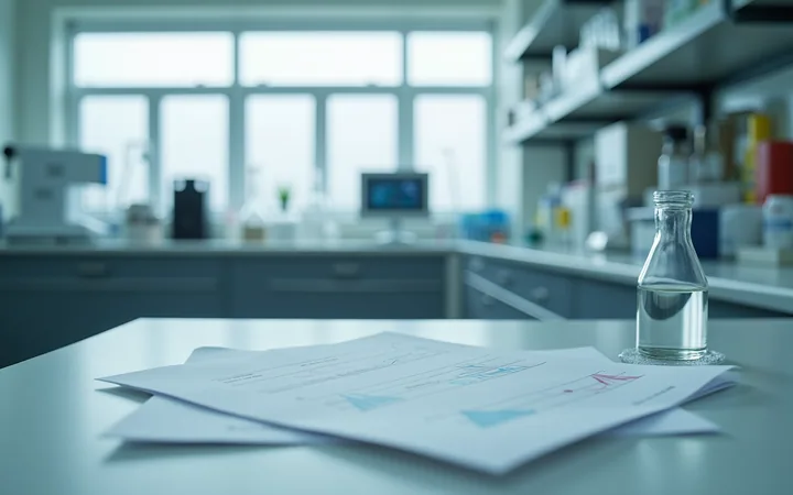 A printed laboratory report lying beside a small glass vial under soft window light