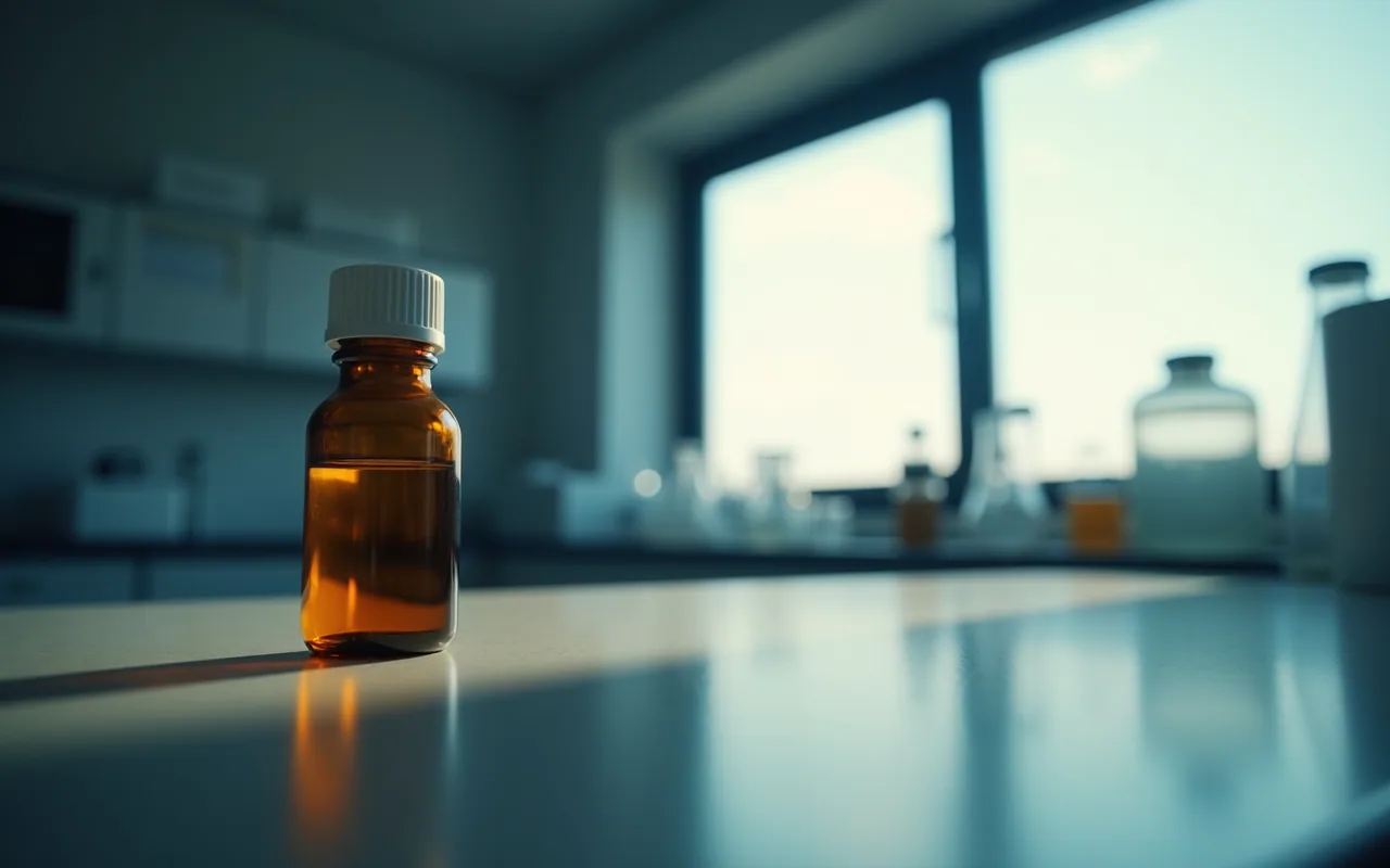 A small amber glass vial standing in shadow on a laboratory bench, lit from one side