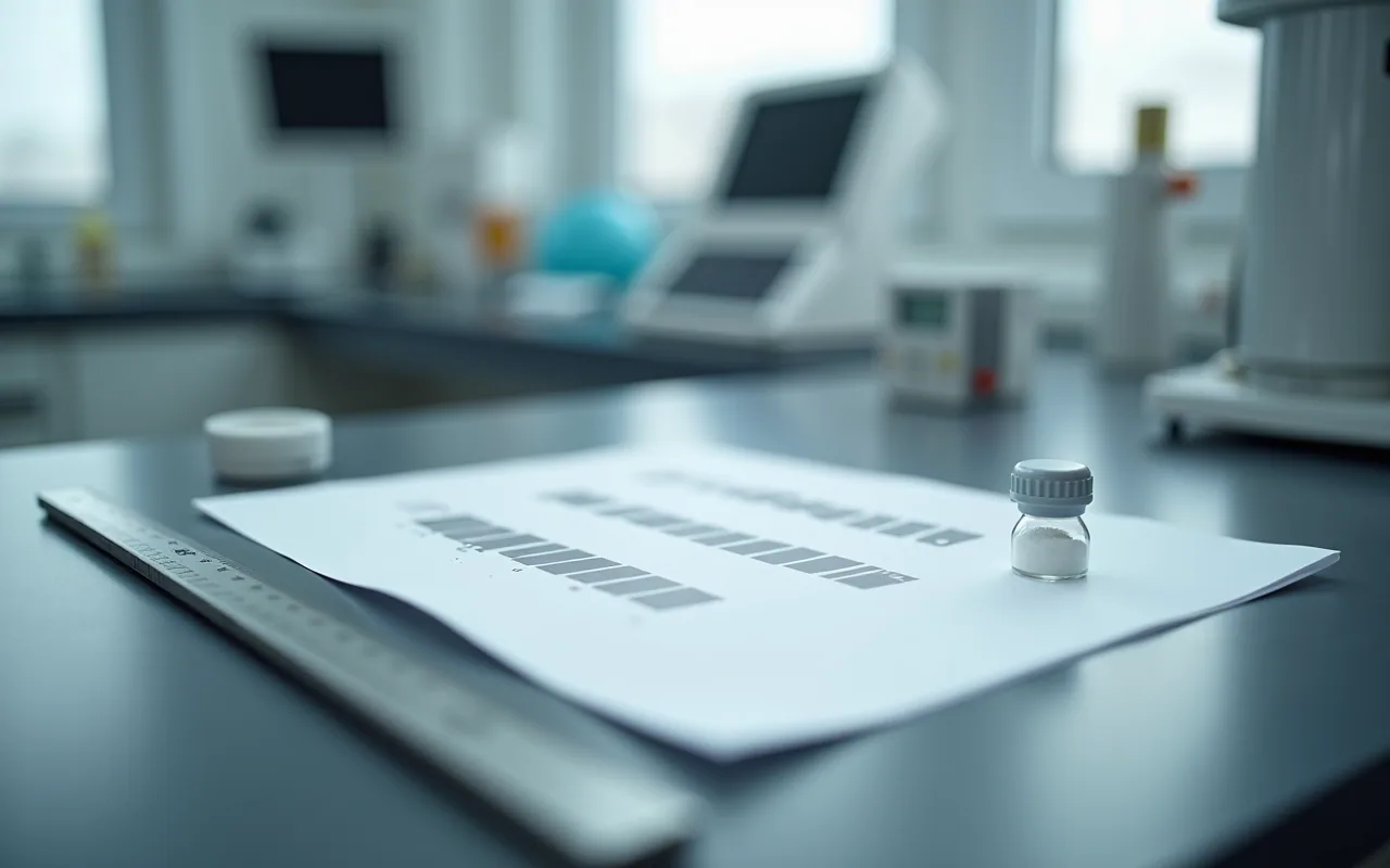 A printed sheet of residue mass values on a laboratory bench beside a small glass vial of white powder