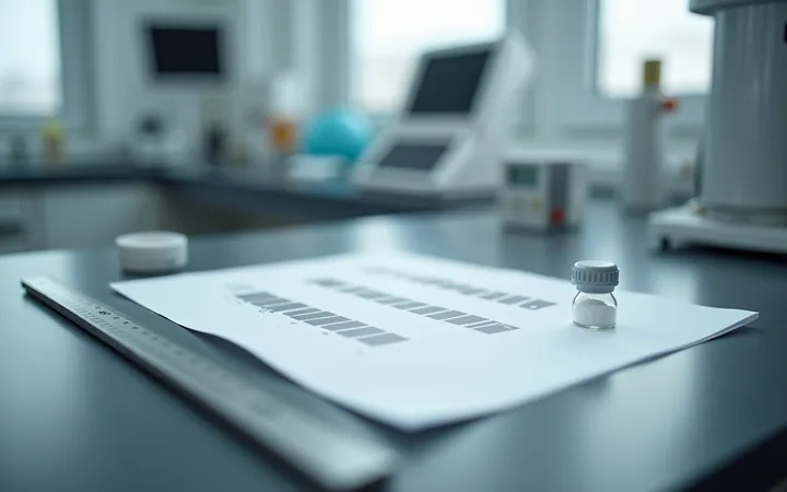 A printed sheet of residue mass values on a laboratory bench beside a small glass vial of white powder