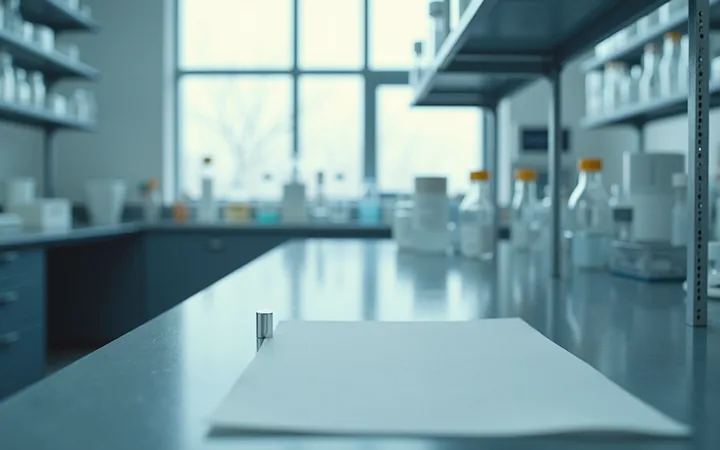 An empty laboratory bench with a single small glass vial and a sheet of paper under soft light