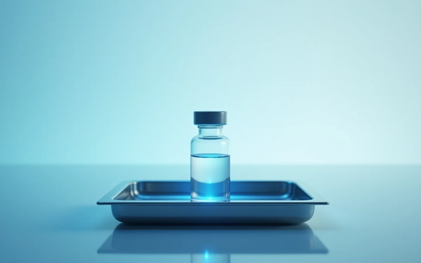 A glass vial standing in a plain stainless-steel tray