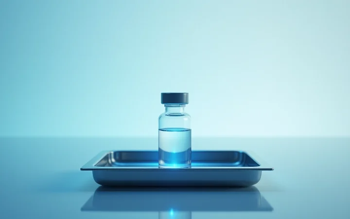A glass vial standing in a plain stainless-steel tray