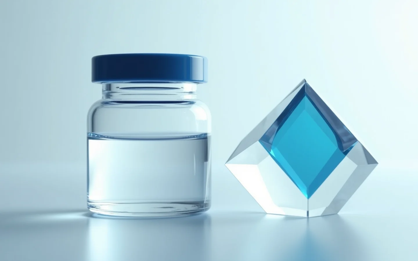 A glass vial of clear liquid beside a small clear crystal lattice model