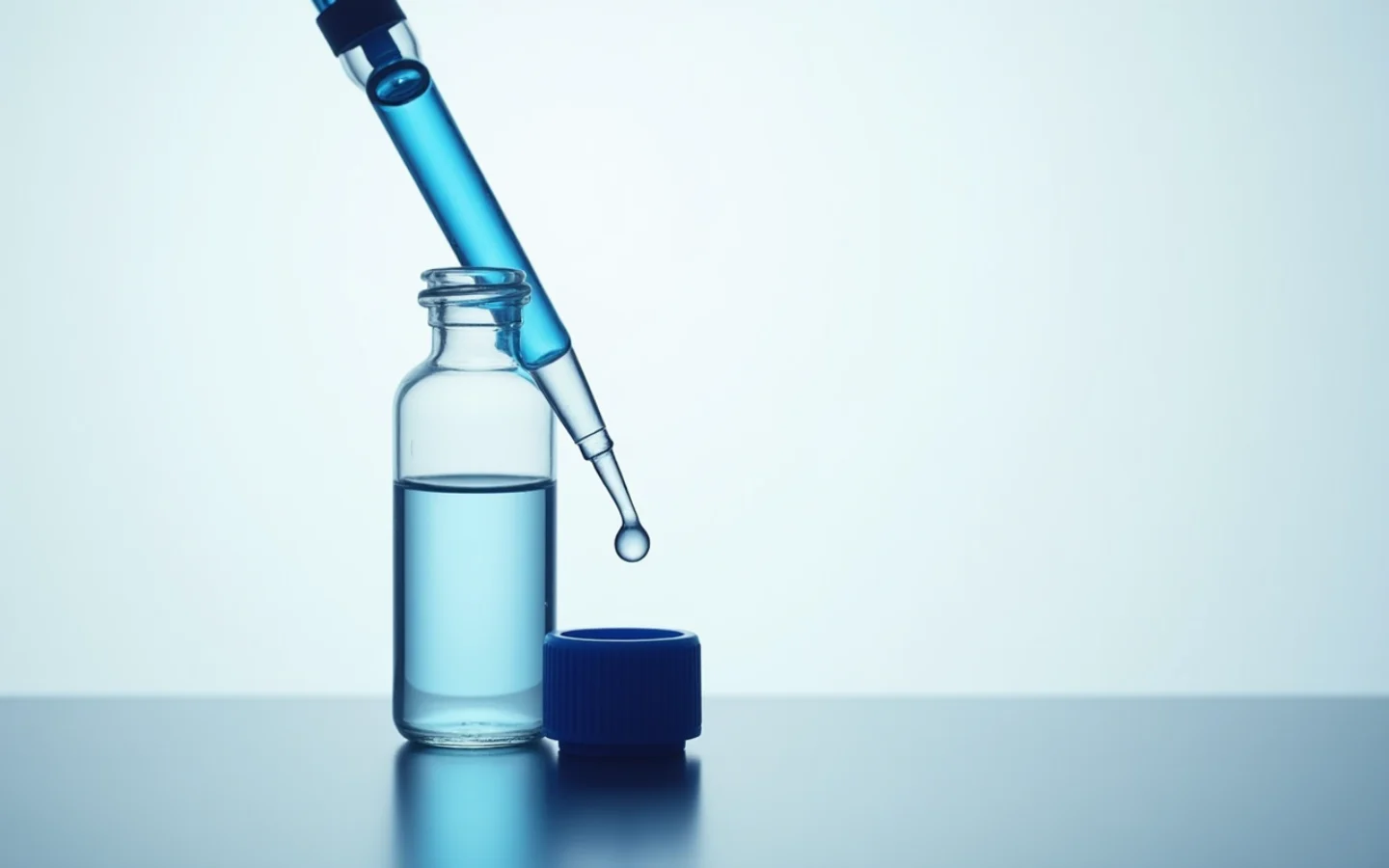 A glass pipette releasing a drop of liquid into an open glass vial