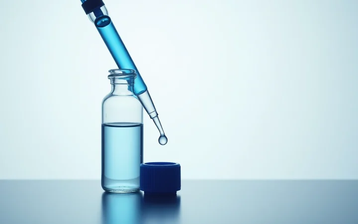 A glass pipette releasing a drop of liquid into an open glass vial