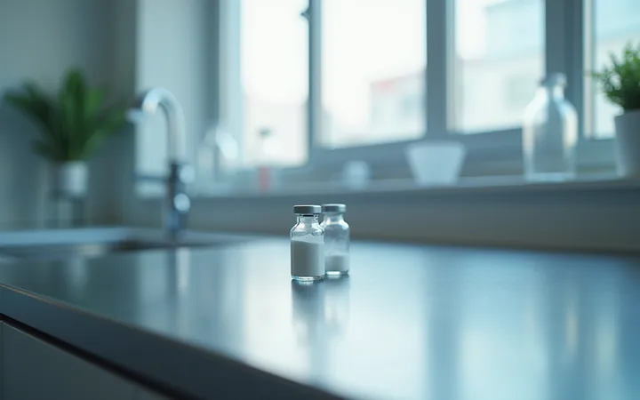 Two small glass vials of white powder placed a hand's width apart on a steel bench, lit from a window