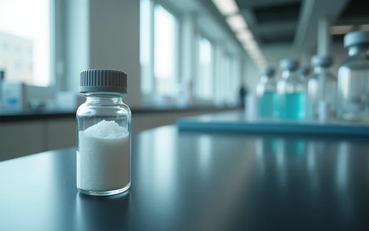 A single small glass vial of white lyophilized powder on a dark laboratory bench