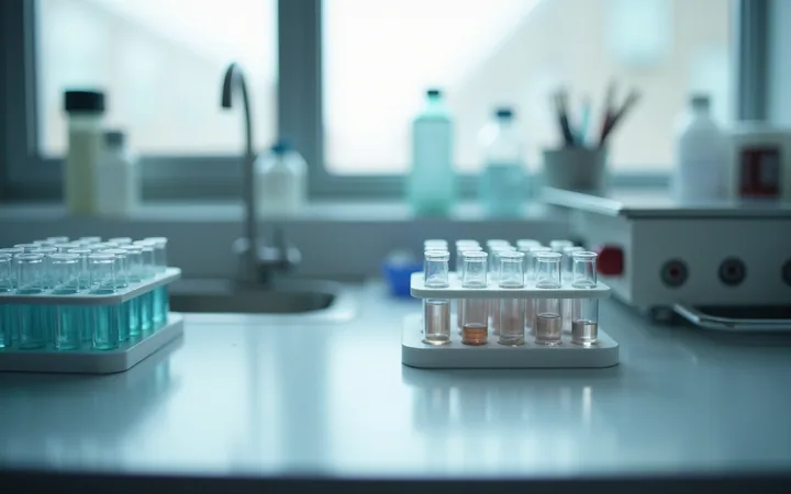 A rack of small capped tubes beside a benchtop incubator block in a cool-toned laboratory