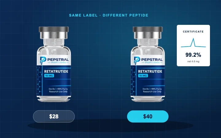 Two vials with the same label and different prices, one with a certificate and one without