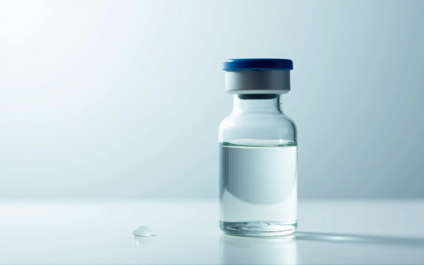 A plain glass vial of clear liquid with a navy cap on a white bench