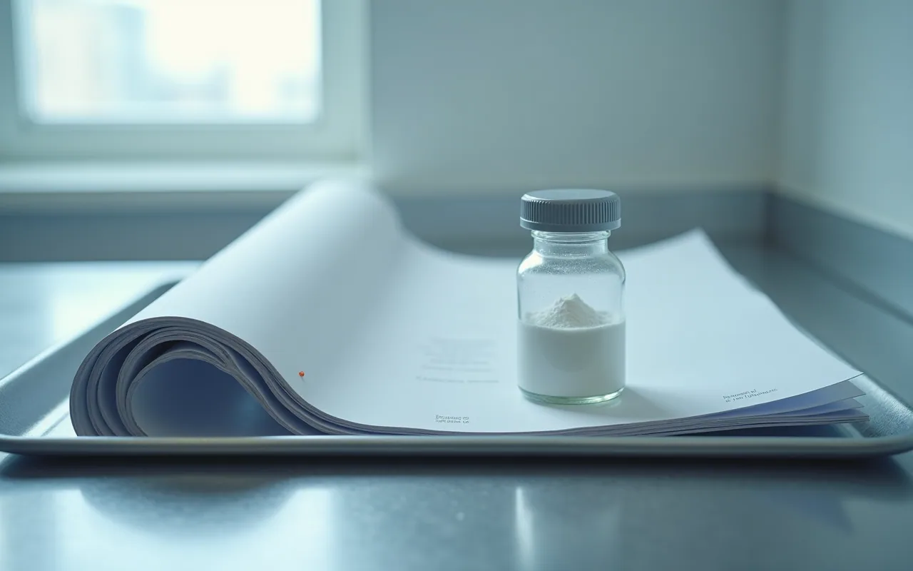 A sealed glass vial of white freeze-dried powder beside a closed printed laboratory report on a cool grey bench