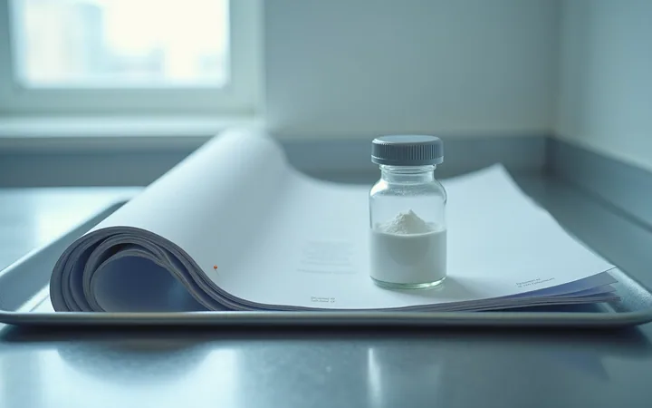 A sealed glass vial of white freeze-dried powder beside a closed printed laboratory report on a cool grey bench