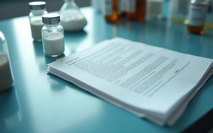 A certificate of analysis document on a laboratory bench beside a lyophilized peptide vial