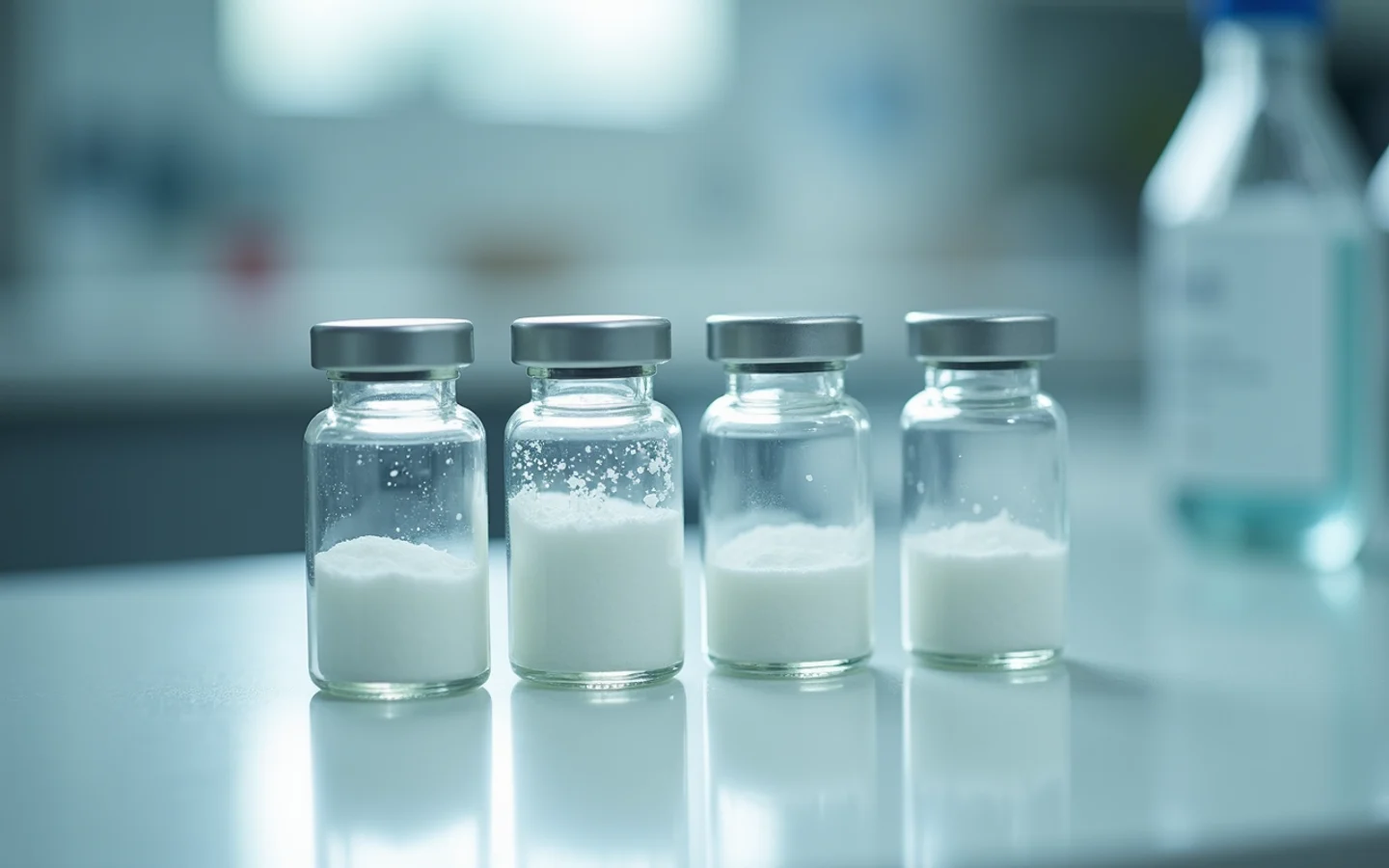 A row of identical lyophilized peptide vials on a laboratory bench, each with a different lot code