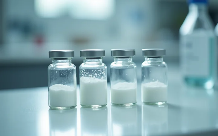 A row of identical lyophilized peptide vials on a laboratory bench, each with a different lot code